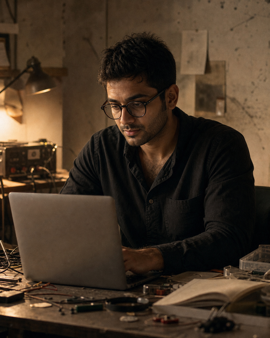 Sai in an early startup garage moment in Bangalore with laptop and cables.