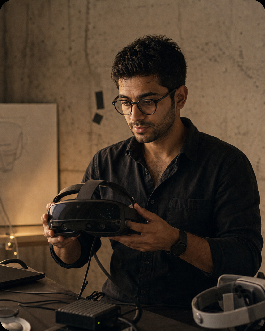 Sai holding an AR or VR headset at a demo booth.