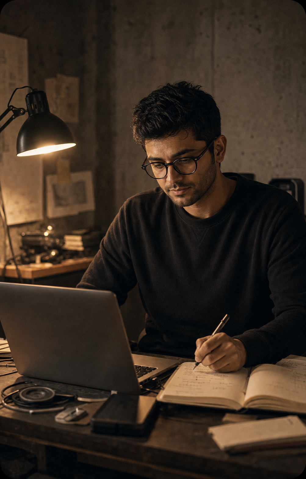 Sai working late at a desk under a warm lamp.