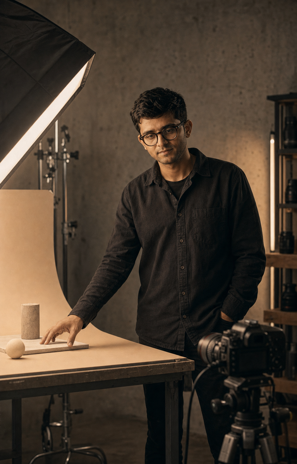 Sai in a photo studio with product set and lights.