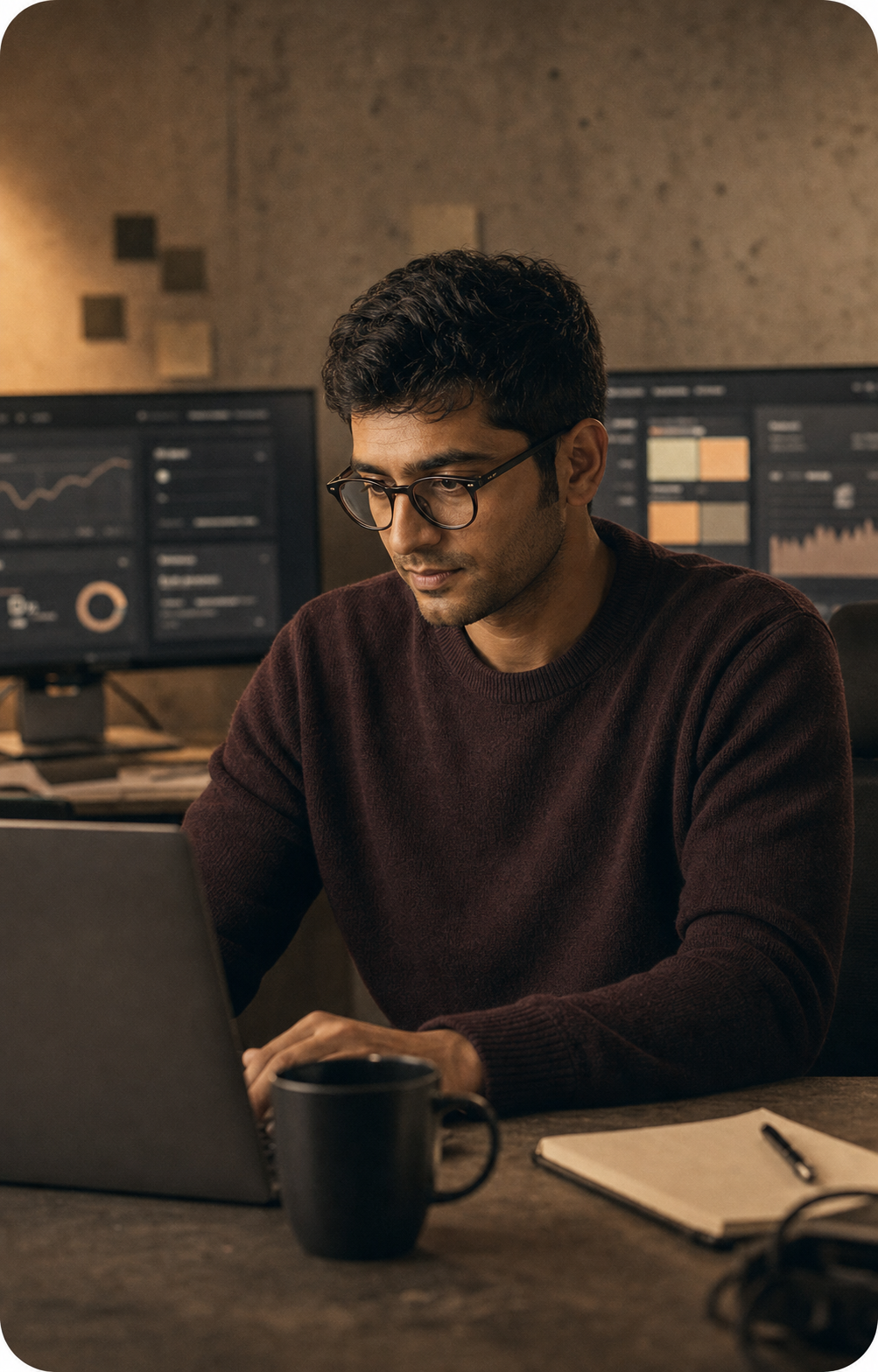 Sai focused at a desk with AI dashboards and monitors.