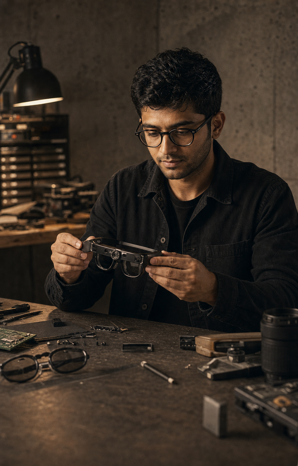 Sai inspecting smart glasses at a hardware bench.
