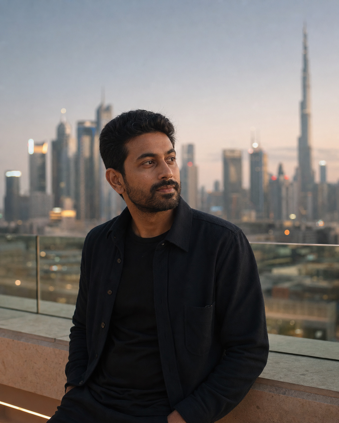 Sai on a rooftop with the Dubai skyline at dusk.