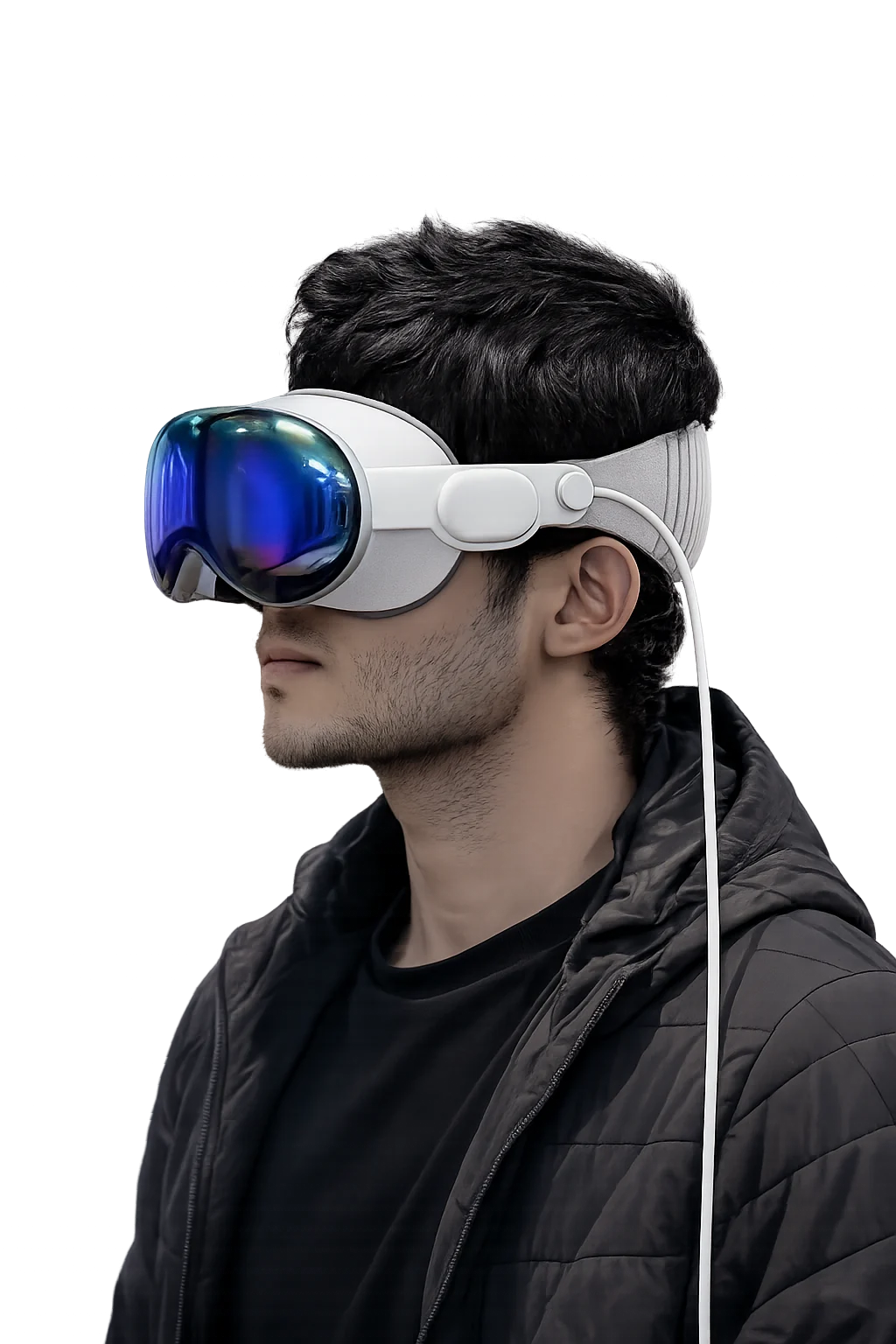 Sai wearing a headset in a dark glitch-style portrait.